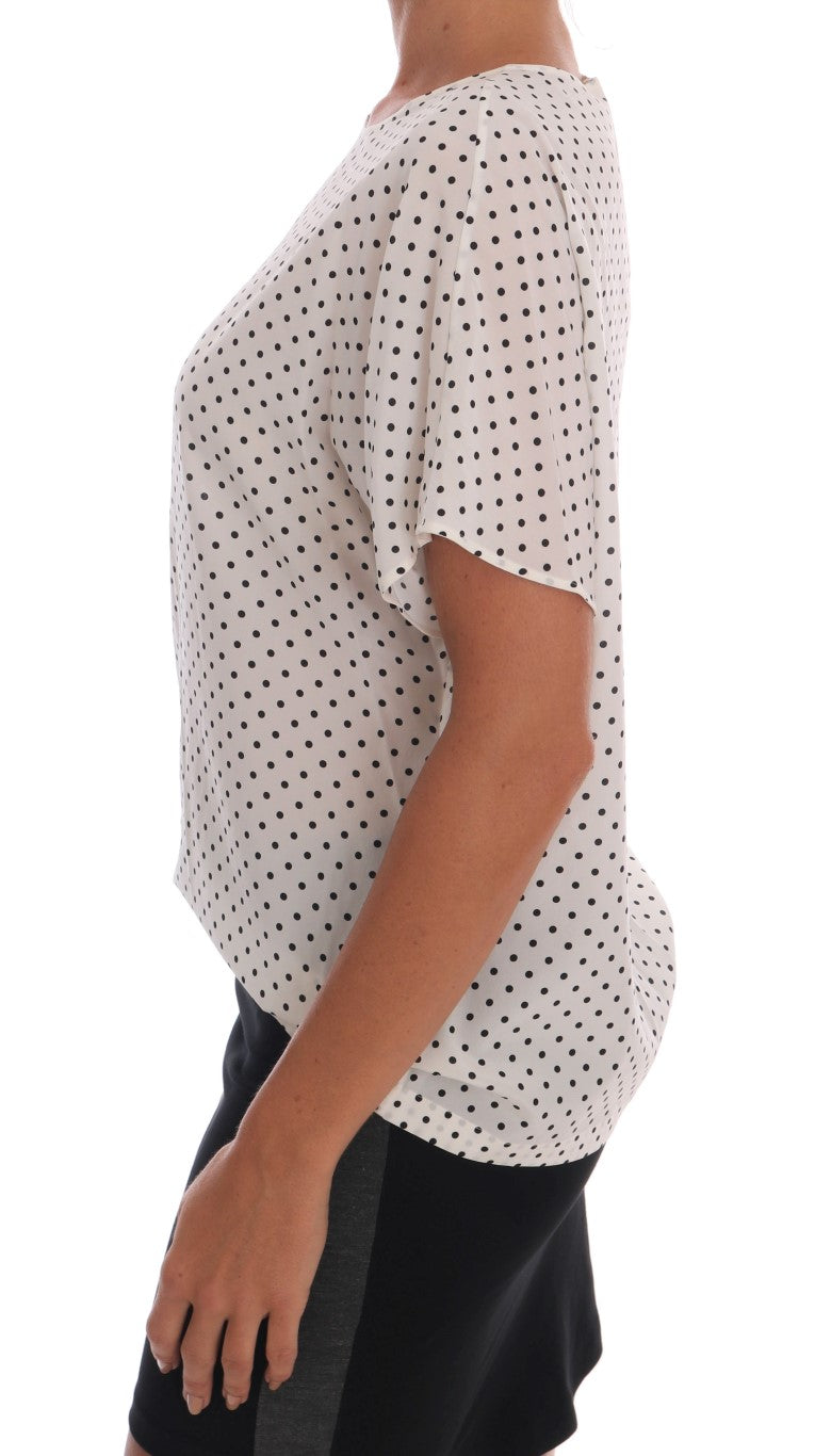 Top T-shirt in seta bianca a pois