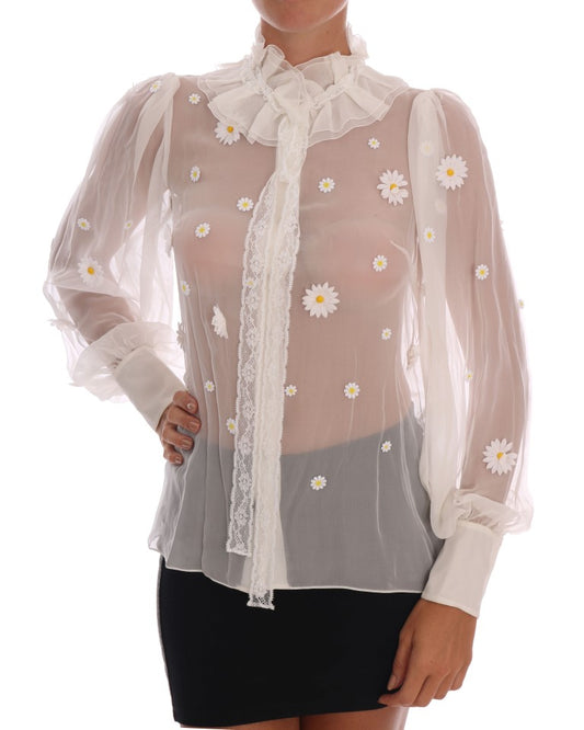 Chemise en soie blanche à appliqué marguerite