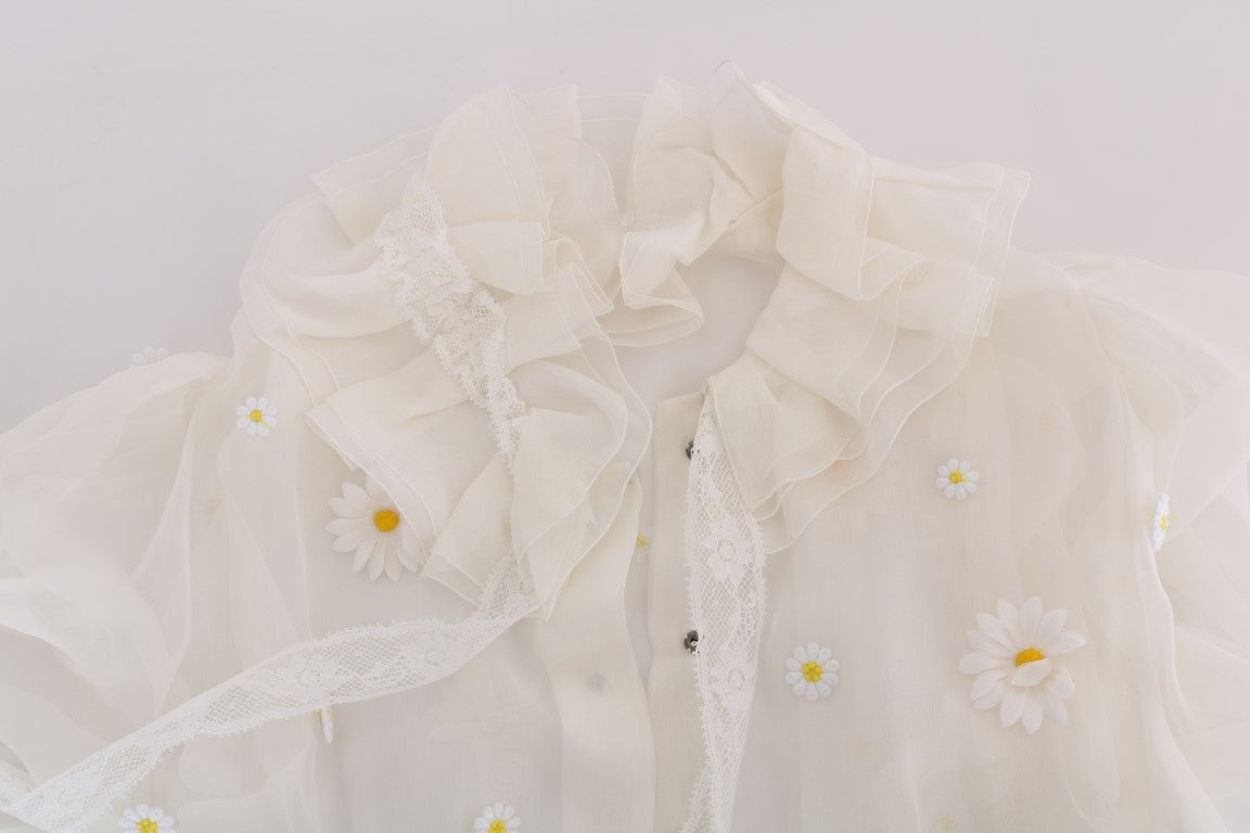 Chemise en soie blanche à appliqué marguerite