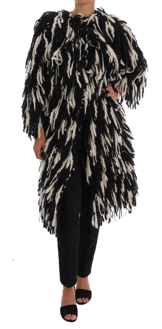 Cappotto con frange bianche nere Cappotto in lana