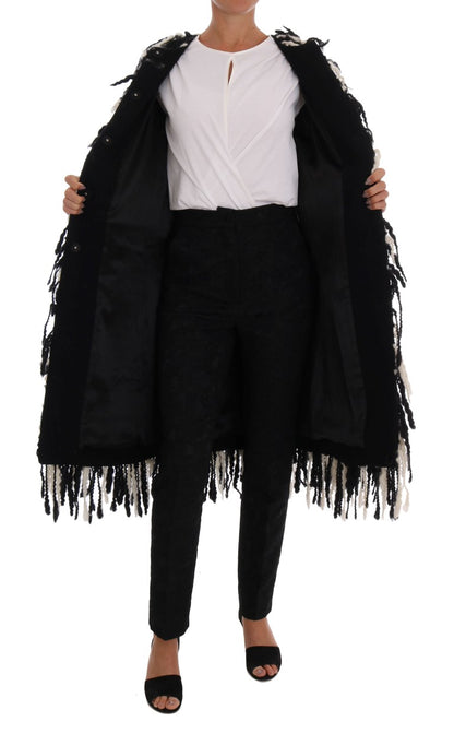 Cappotto con frange bianche nere Cappotto in lana