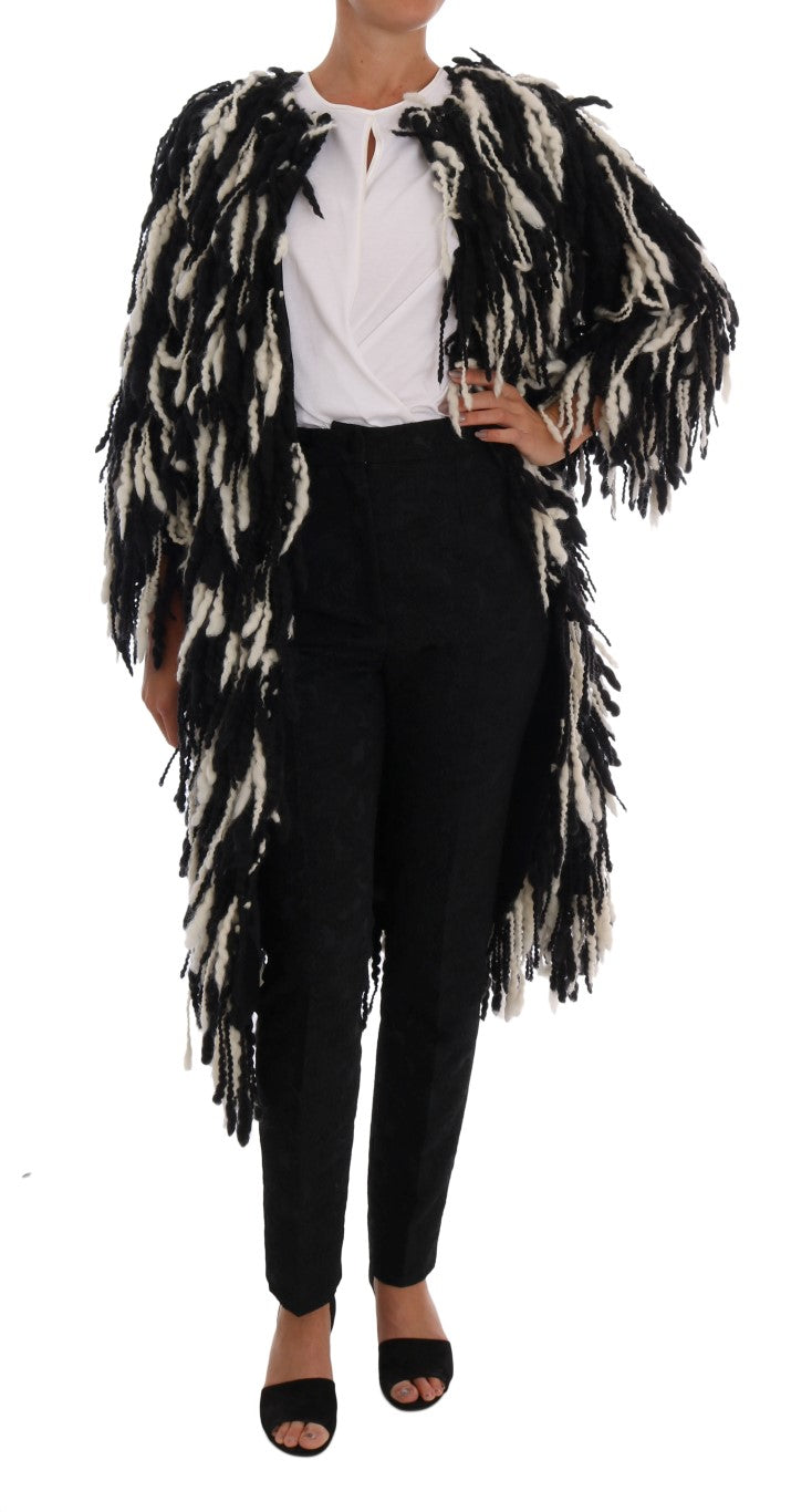 Cappotto con frange bianche nere Cappotto in lana