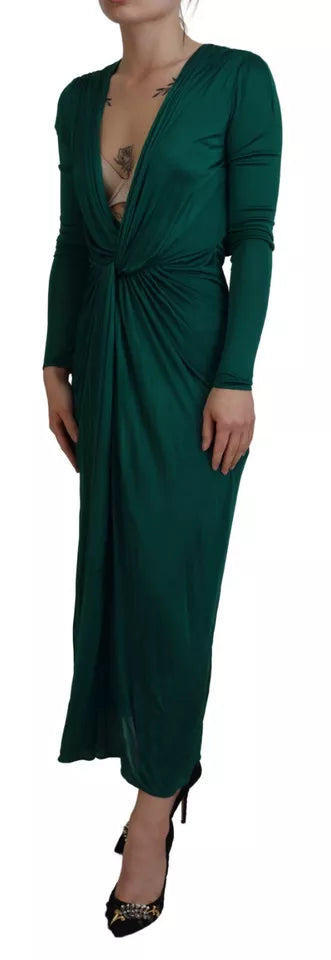 Dark Green Viscose Long Sleeve Midi Dress