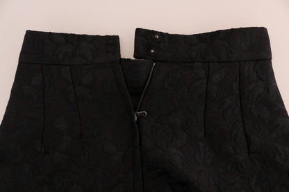 Jupe trapèze noire en soie jacquard fleurie