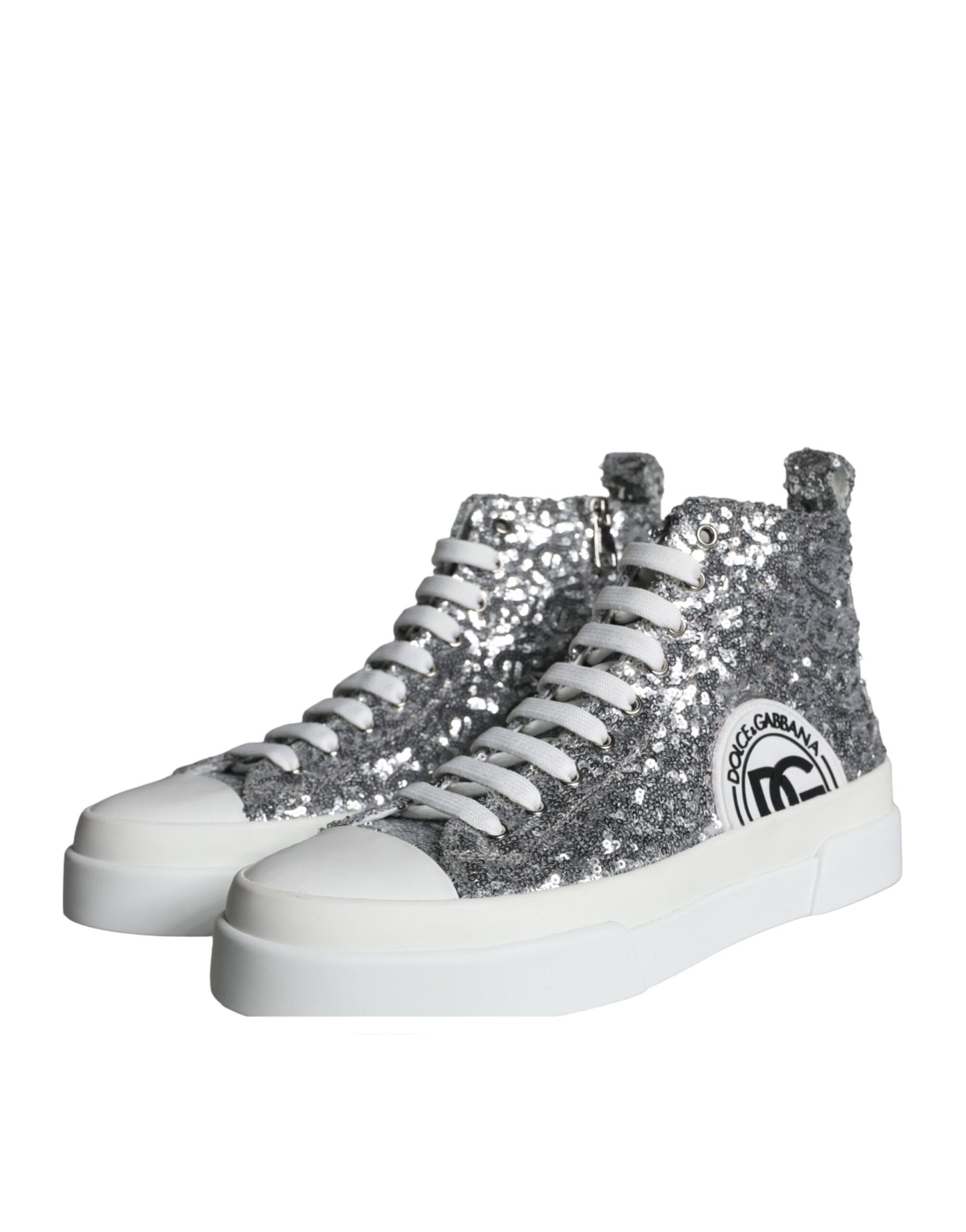 Dolce & Gabbana Silver White Sequined High Top Sneakers Shoes