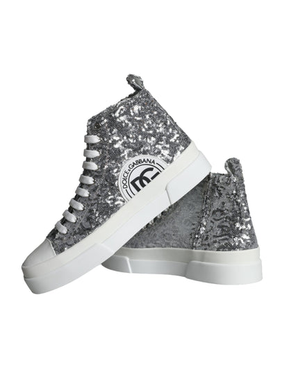 Dolce & Gabbana Silver White Sequined High Top Sneakers Shoes