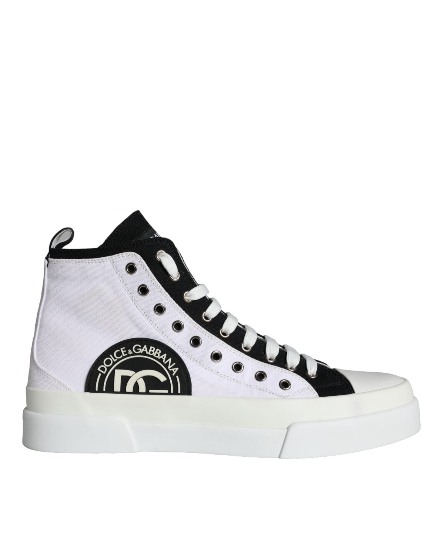 Dolce & Gabbana White Black Cotton Logo High Top Sneaker Shoes