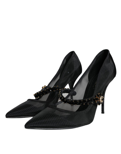 Black Mesh Mary Jane Crystal Heel Pumps Shoes