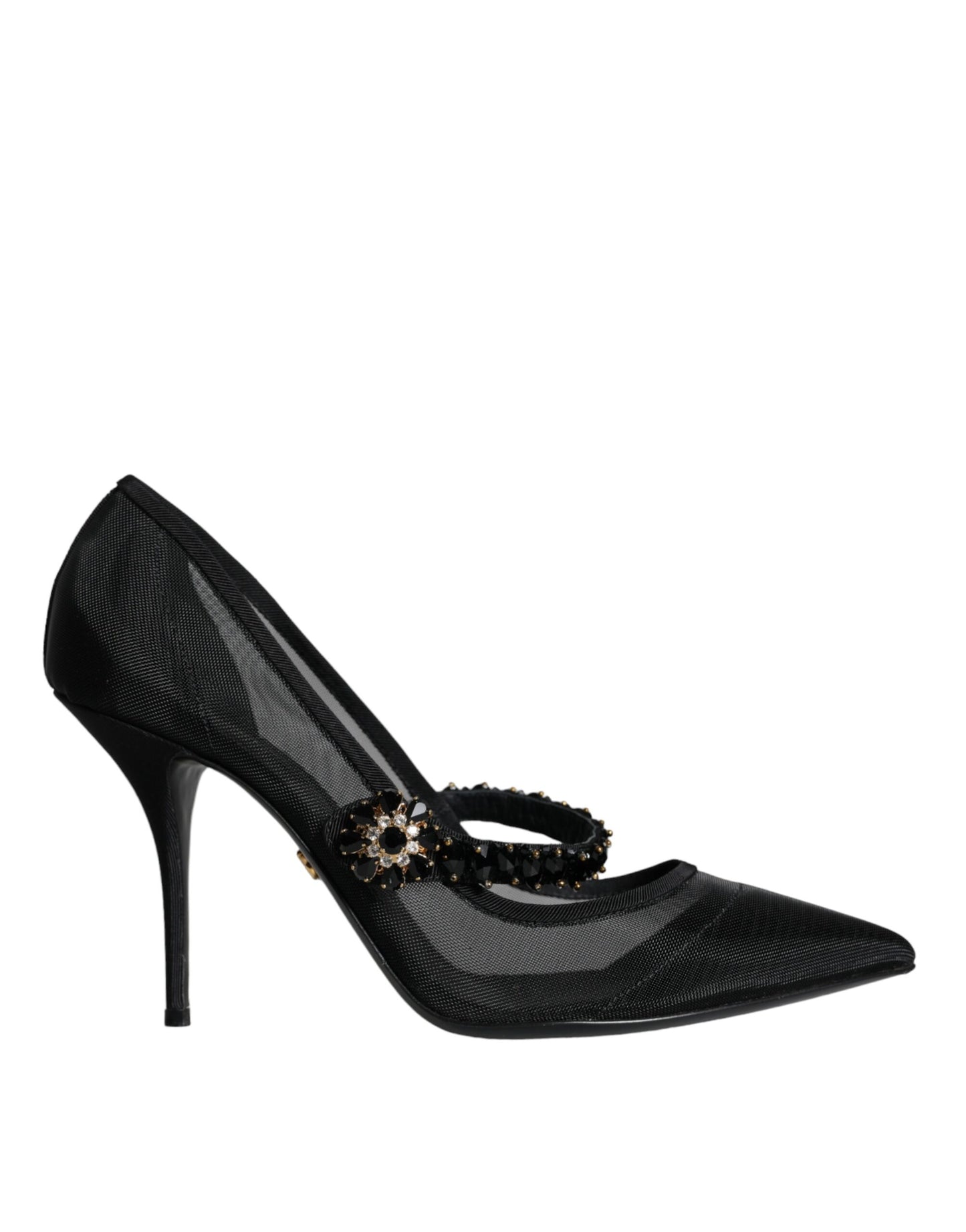 Black Mesh Mary Jane Crystal Heel Pumps Shoes