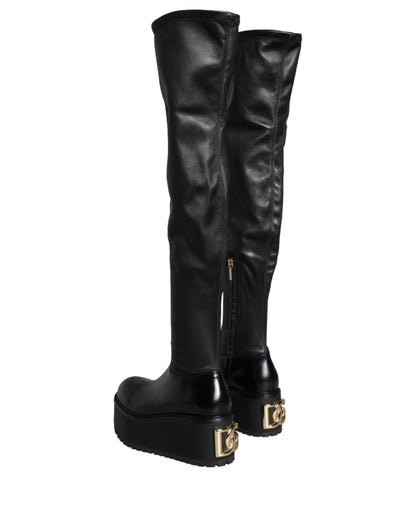 Black Leather Logo Knee High Boots Shoes