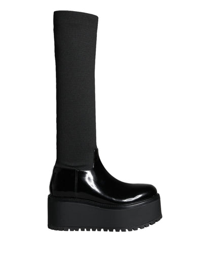 Black Leather Jersey Knee High Boots Shoes