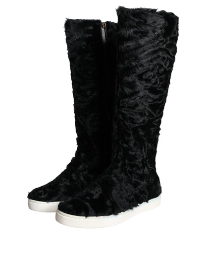 Black Xiangao Lamb Fur Leather Boots Shoes