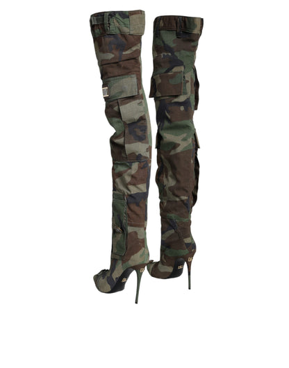 Multicolor Camouflage Knee High Heels Boots Shoes