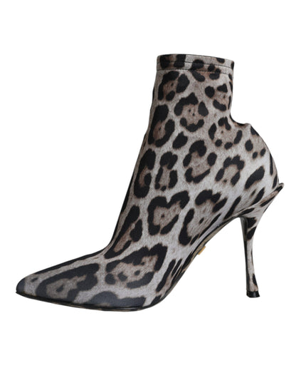 Gray Leopard Stretch Heels Ankle Boots Shoes