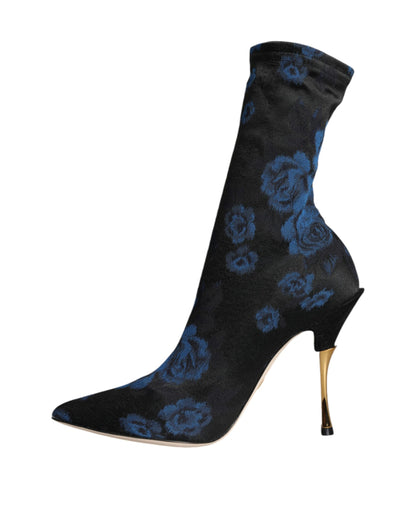 Black Floral Stretch Mid Calf Boots Shoes