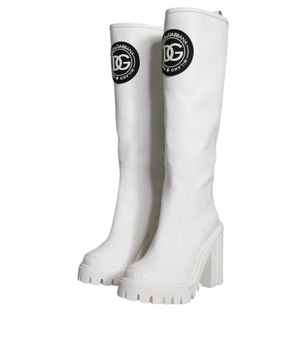 White Cotton Logo Heels Knee High Boots Shoes