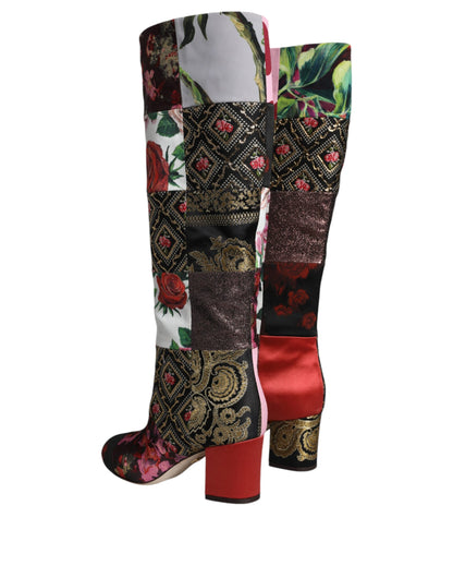 Multicolor Patchwork Print Heeled Boots Shoes