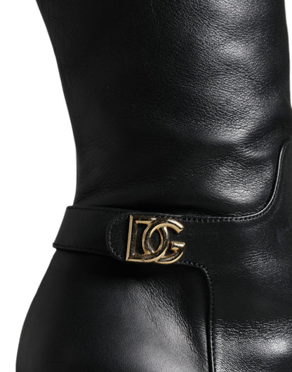 Black Leather Gold Tone Logo High Boots Shoes