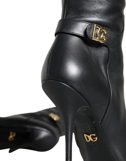 Black Leather Gold Tone Logo High Boots Shoes