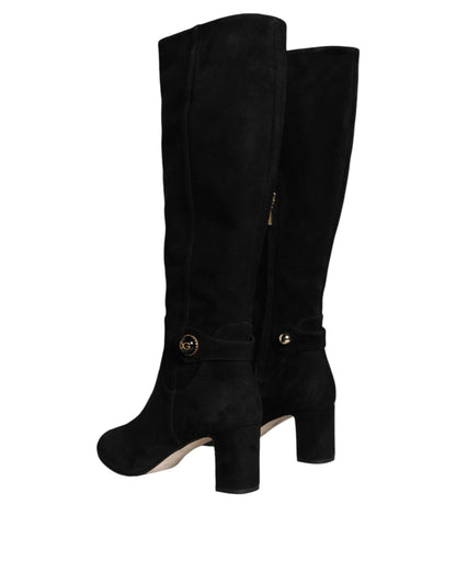 Black Suede Leather Logo Knee High Boots Shoes