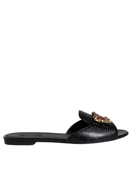 Dolce & Gabbana Black DG Amore Leather Slip On Flats Shoes