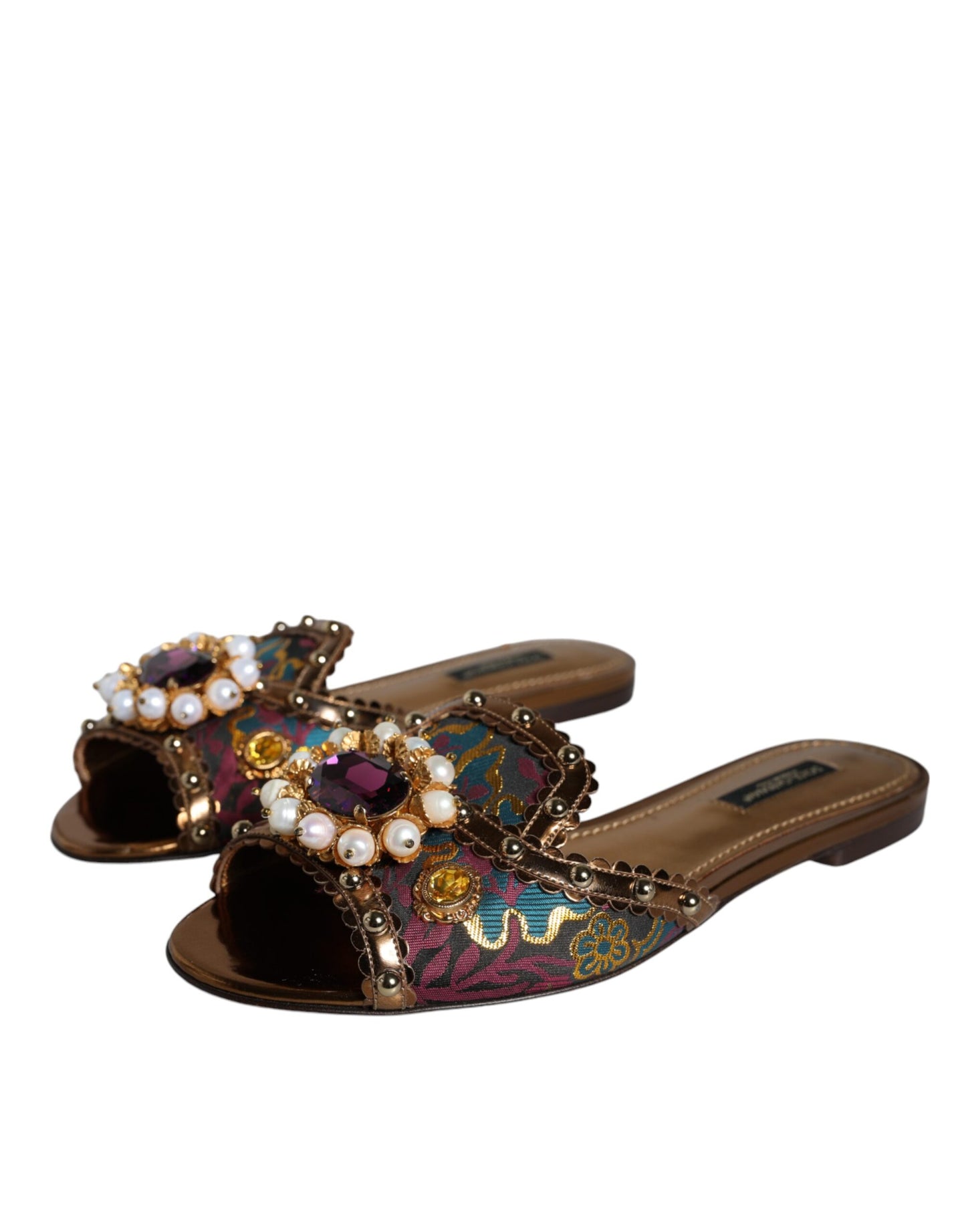 Multicolor Jacquard Embellished Slides Flats Shoes