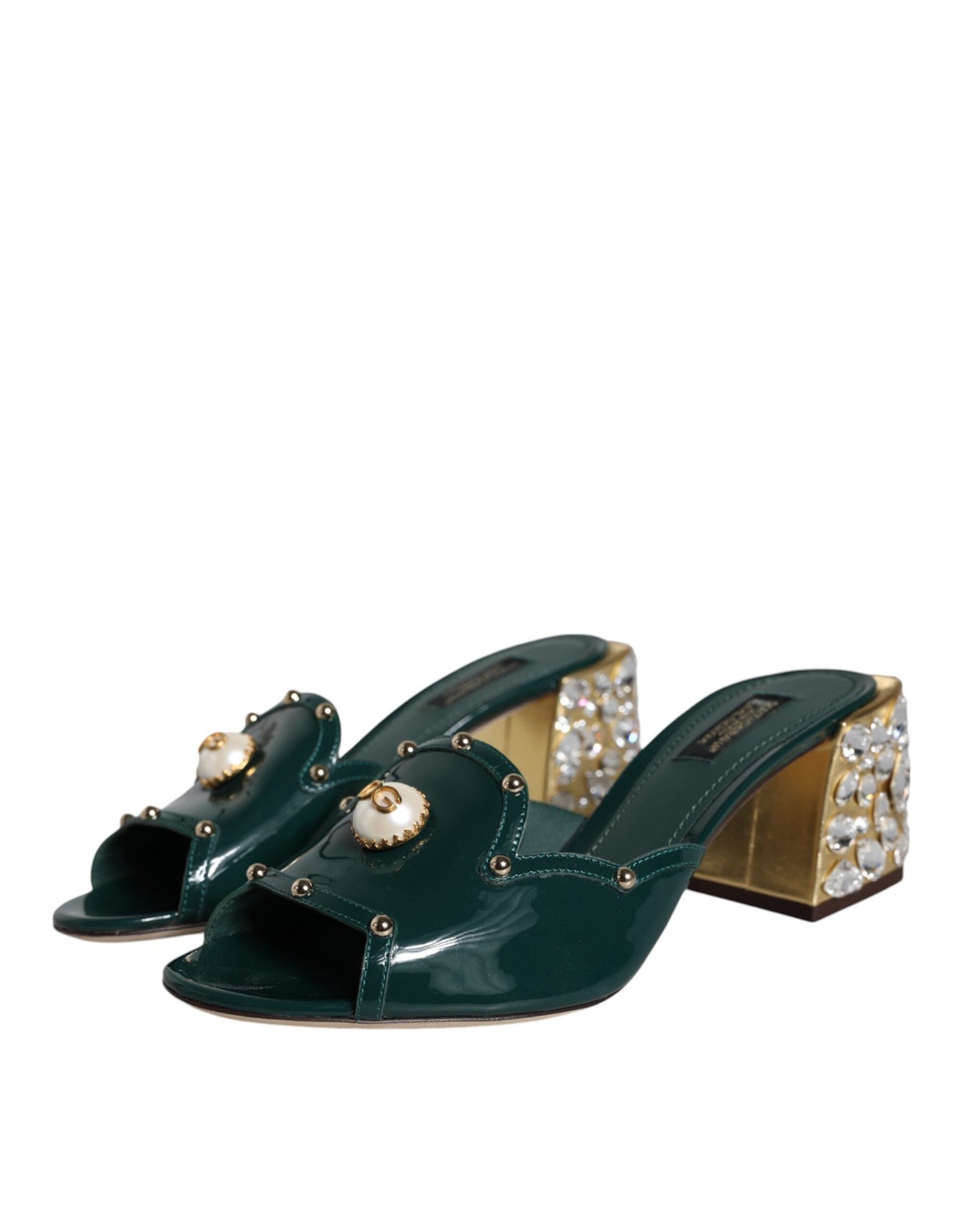 Green Crystal Leather Slides Sandals Shoes