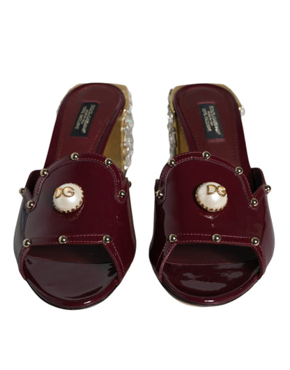 Maroon Crystal Leather Slides Sandals Shoes