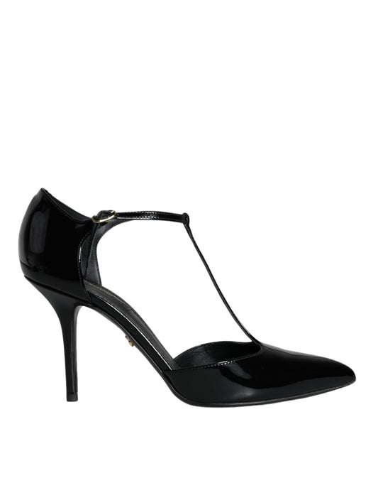 Black Patent Leather T-strap Heels Pumps Shoes