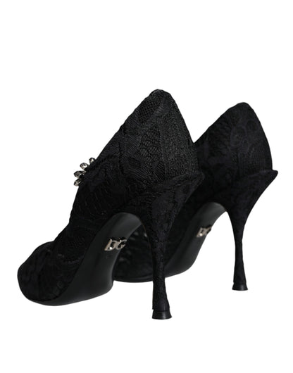 Black Mary Jane Pumps Lace Crystals Heels Shoes