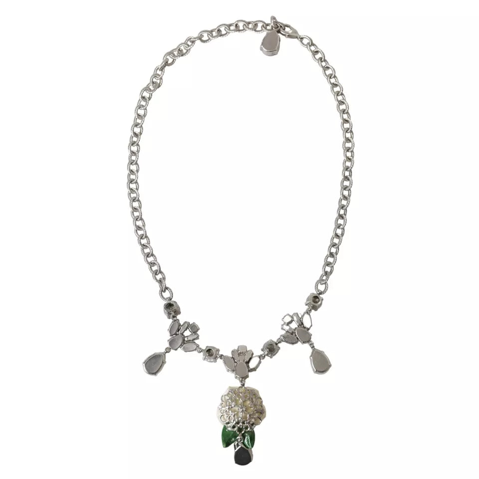 Dolce & Gabbana Silver Brass Clear Crystal Roses Pendants Necklace