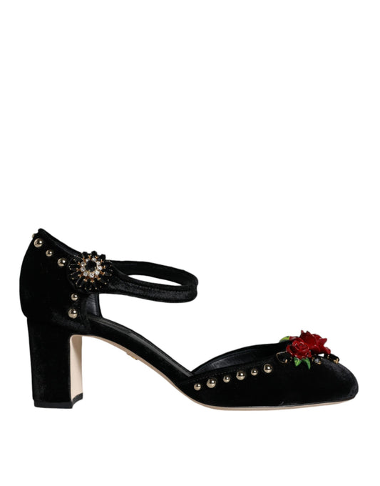 Black Velvet Roses Ankle Strap Pumps Shoes