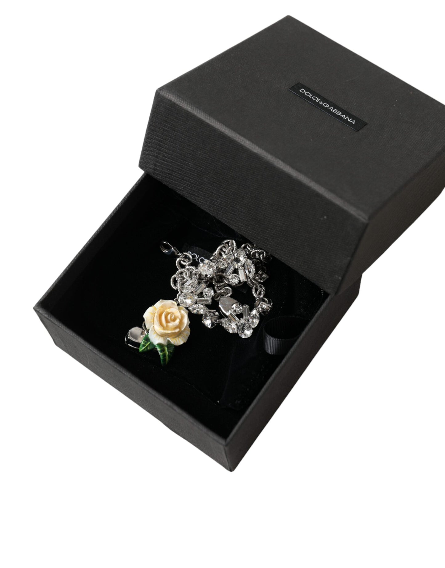 Dolce & Gabbana Silver Brass Clear Crystal Roses Pendants Necklace