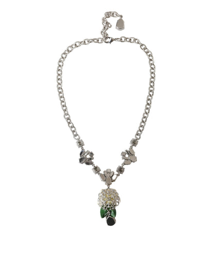 Dolce & Gabbana Silver Brass Clear Crystal Roses Pendants Necklace