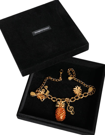 Dolce & Gabbana Gold Tone Brass Chain Pineapple Crystal Musical Necklace