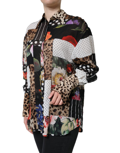 Dolce & Gabbana Multicolor Patchwork Silk Collared Blouse Top