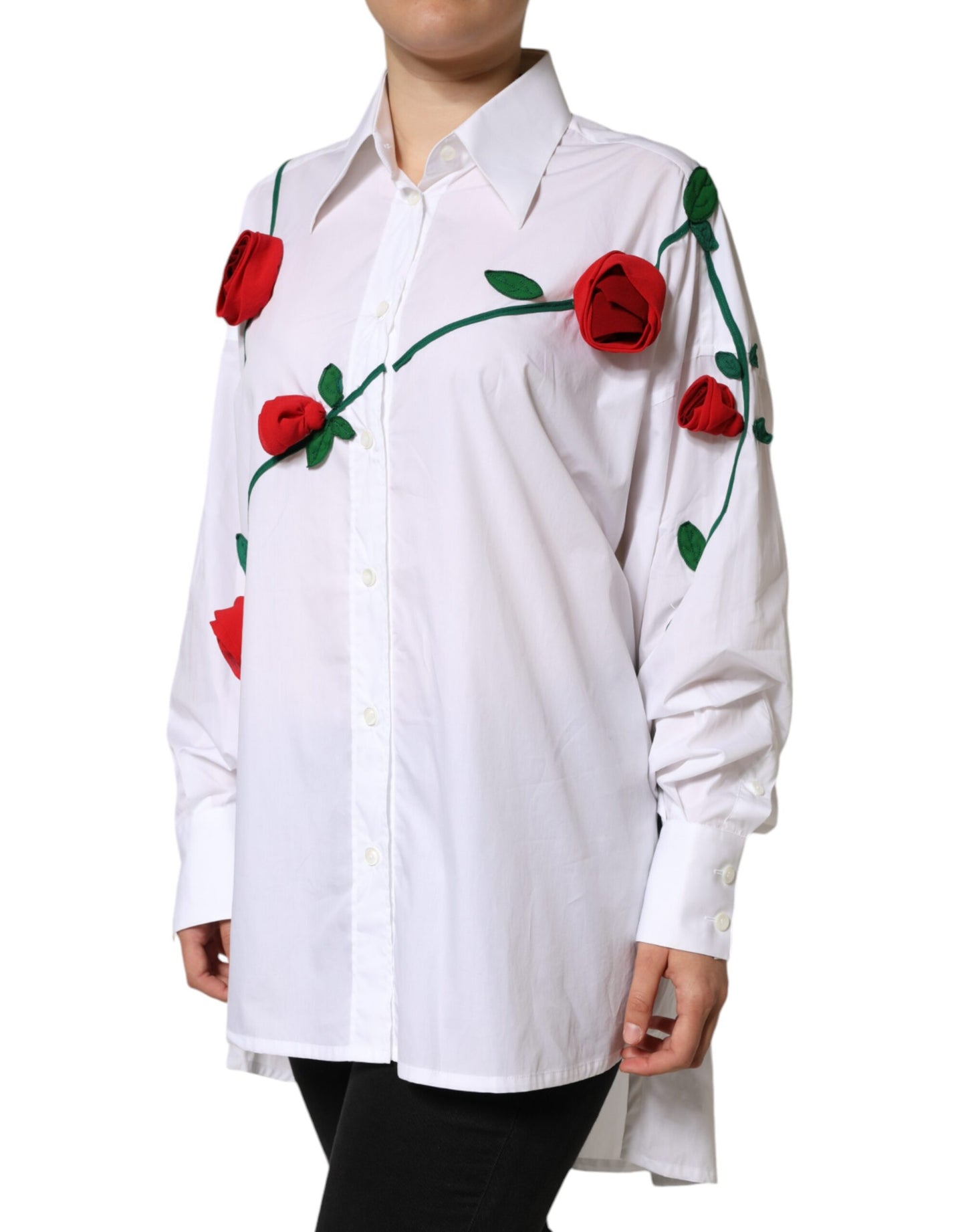 Dolce & Gabbana White Cotton Flower Applique Dress Shirt Top