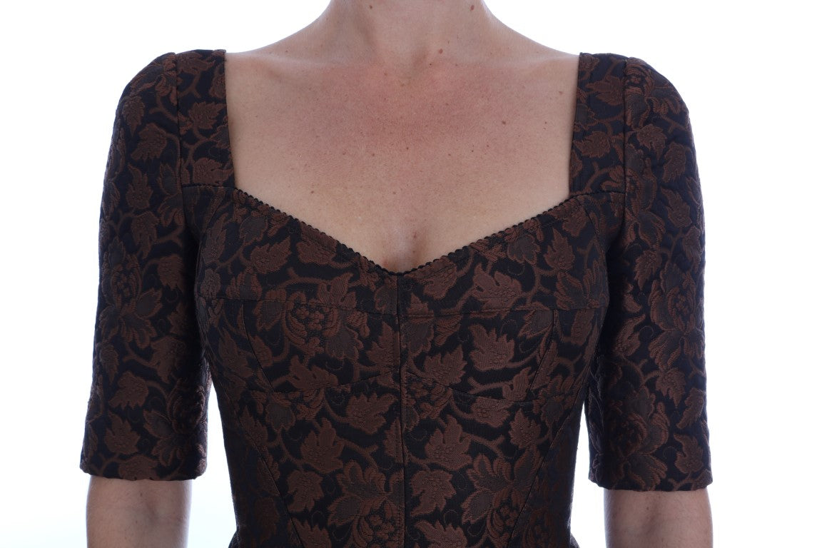 Robe trapèze en brocart floral noir et marron