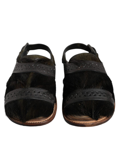 Dolce & Gabbana Black Gazelle Hair Leather Flats Sandals Shoes