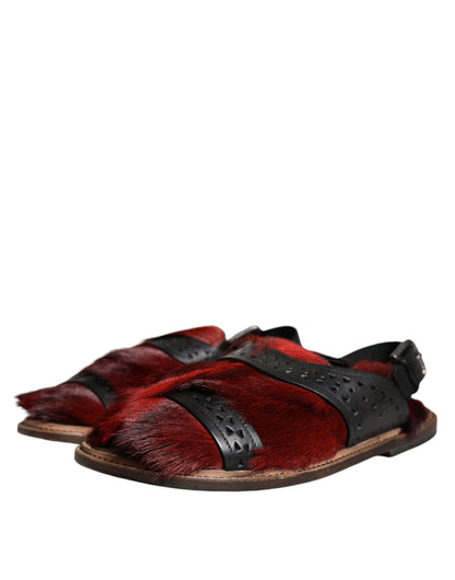 Dolce & Gabbana Black Red Gazelle Hair Leather Sandals Shoes