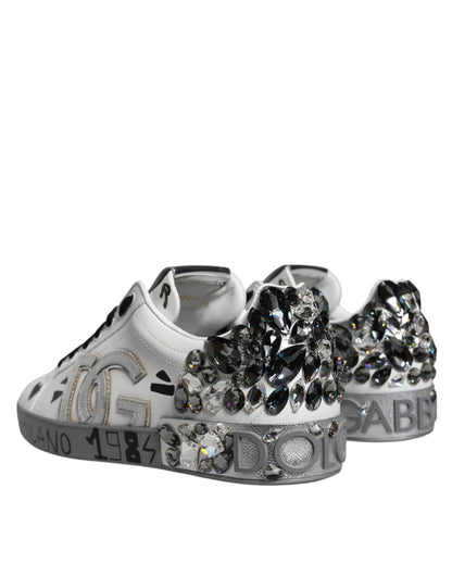 Dolce & Gabbana White Silver Crystal Logo Portofino Sneakers Shoes