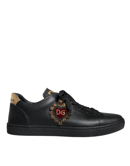 Dolce & Gabbana Black Leather Heart Low Top Casual Sneaker Shoes