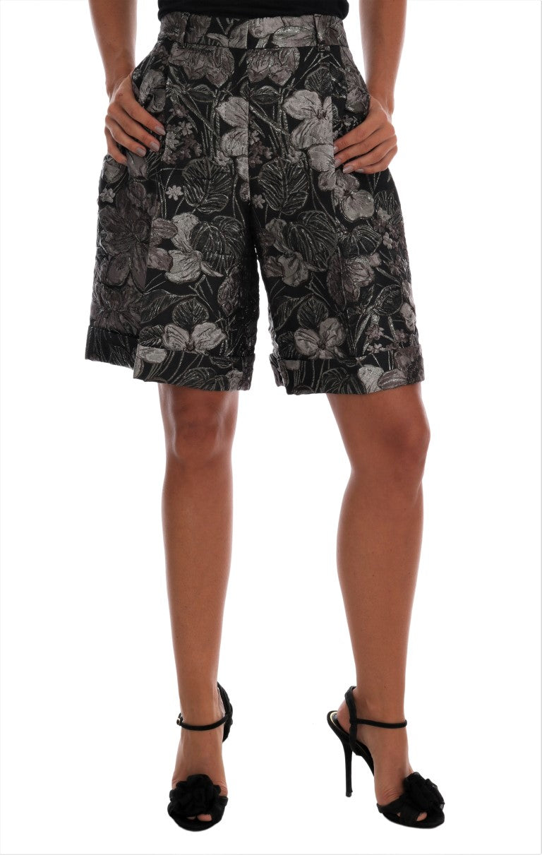 Graue Brokat-Shorts mit hohem Bund und Blumenmuster