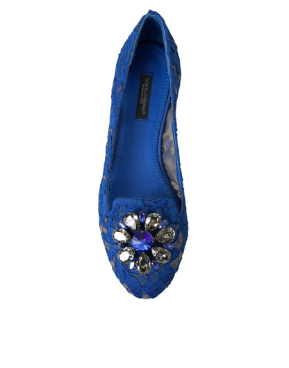 Dolce & Gabbana Blue Lace Crystal Ballet Flats Loafers Shoes