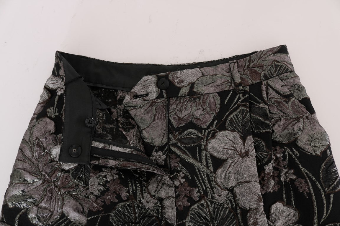 Graue Brokat-Shorts mit hohem Bund und Blumenmuster