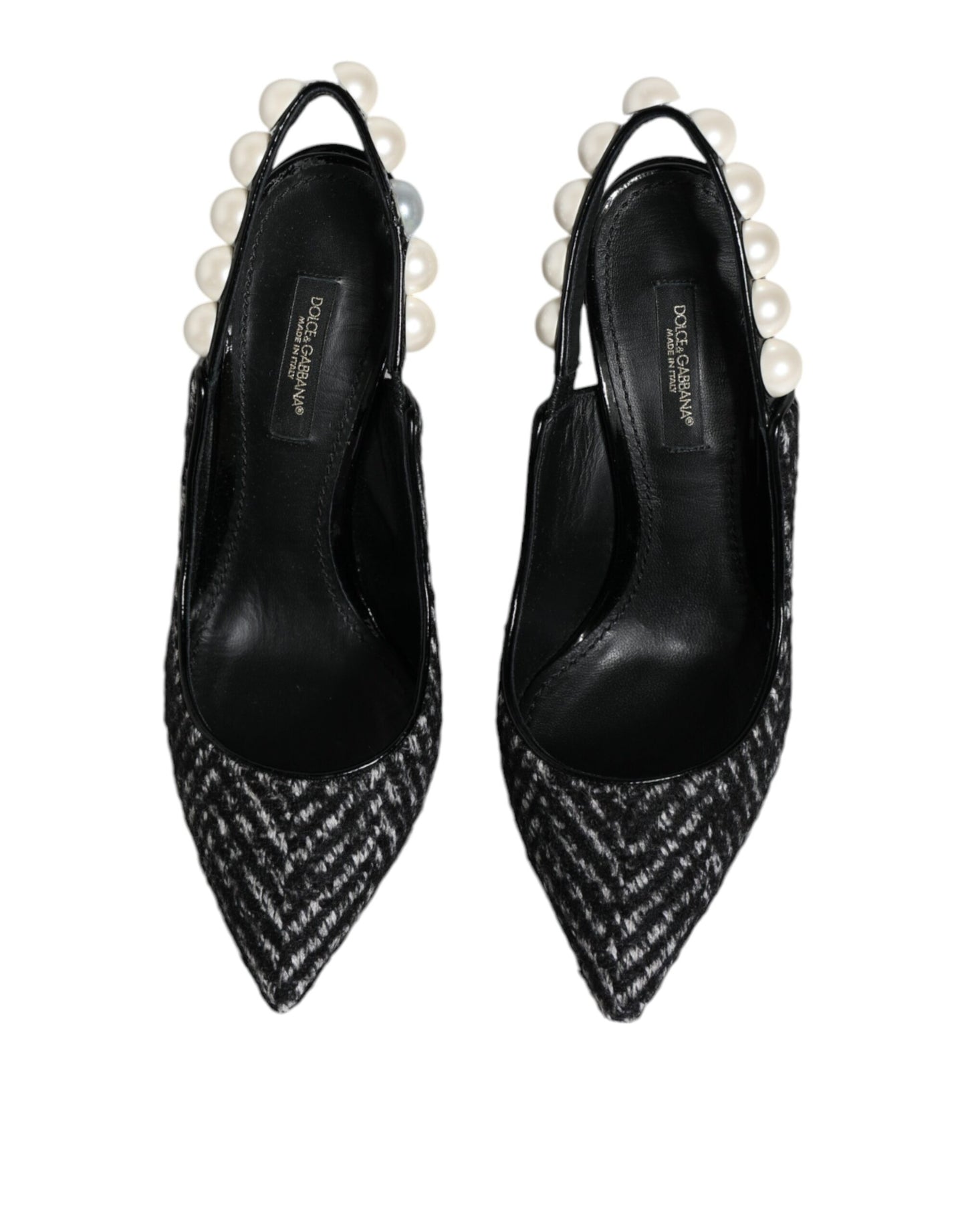 Dolce & Gabbana White Black Chevron Faux Pearl Slingback Shoes