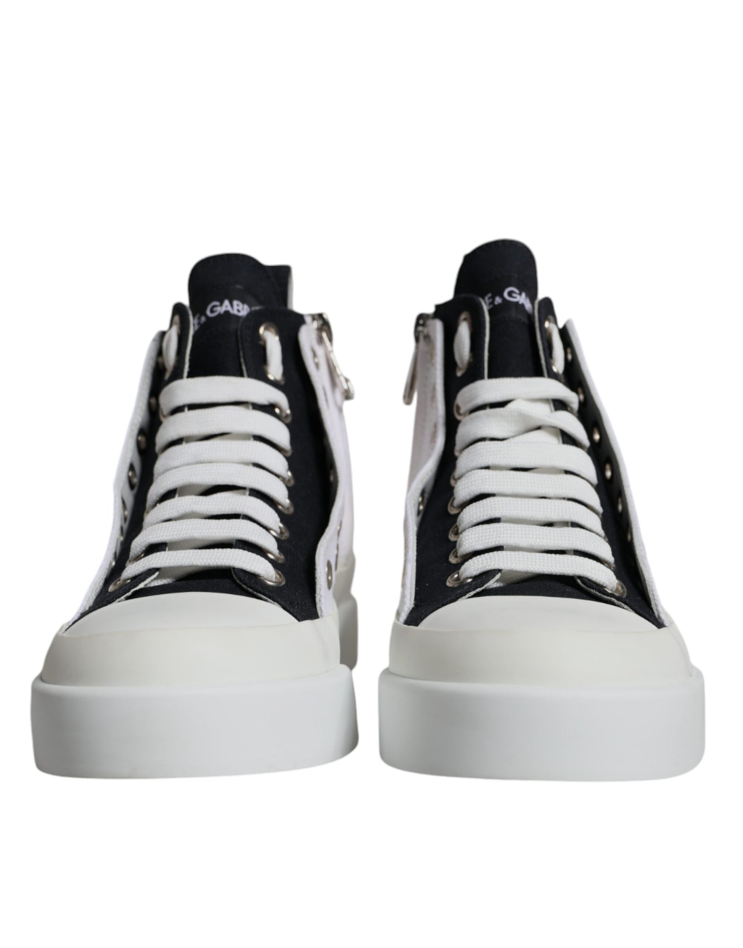 Dolce & Gabbana White Black Canvas Logo Mid Top Sneakers Shoes