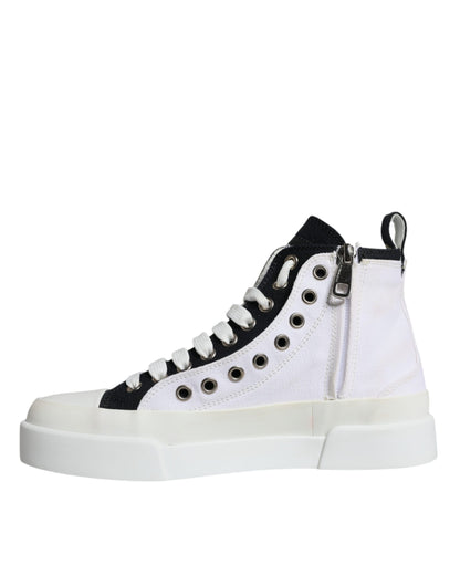 Dolce & Gabbana White Black Canvas Logo Mid Top Sneakers Shoes