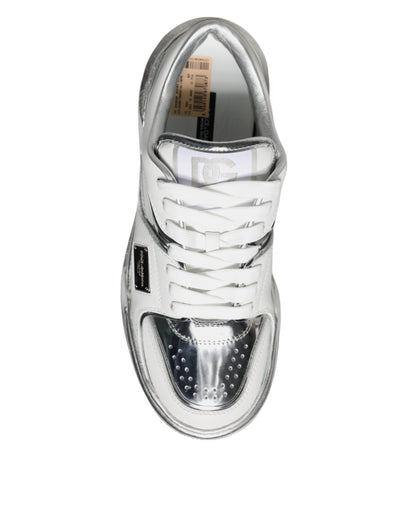 Dolce & Gabbana White Silver Leather Low Top Sneakers Shoes