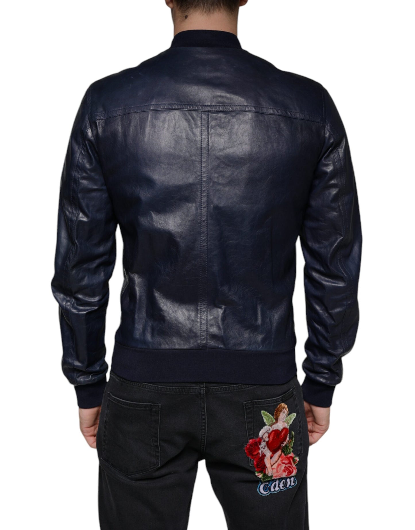 Dolce & Gabbana Blue Lambskin Leather Full Zip Biker Jacket